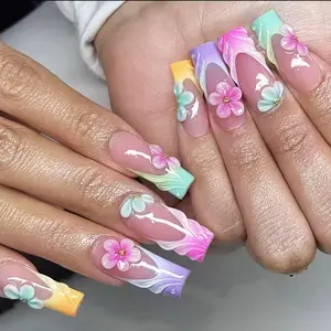 24pcs Square Press-On Nails, Gradient Flower Design, DIY Nails Art, French Style, Medium Length, Plain Surface, Removable Fake Nails Set, Home Nail Art