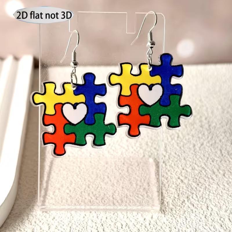 New Rainbow Puzzle Earrings European and American Style Creative and Versatile Autism-themed Heart Puzzle Ear Jewelry Accessory