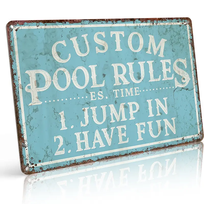 Custom Name Personalized Pool Rules Metal Sign - 8×12 in Distressed Light Blue Retro Aluminum, Waterproof Rust-Proof Decorative Pool Patio Wall Decor Gift