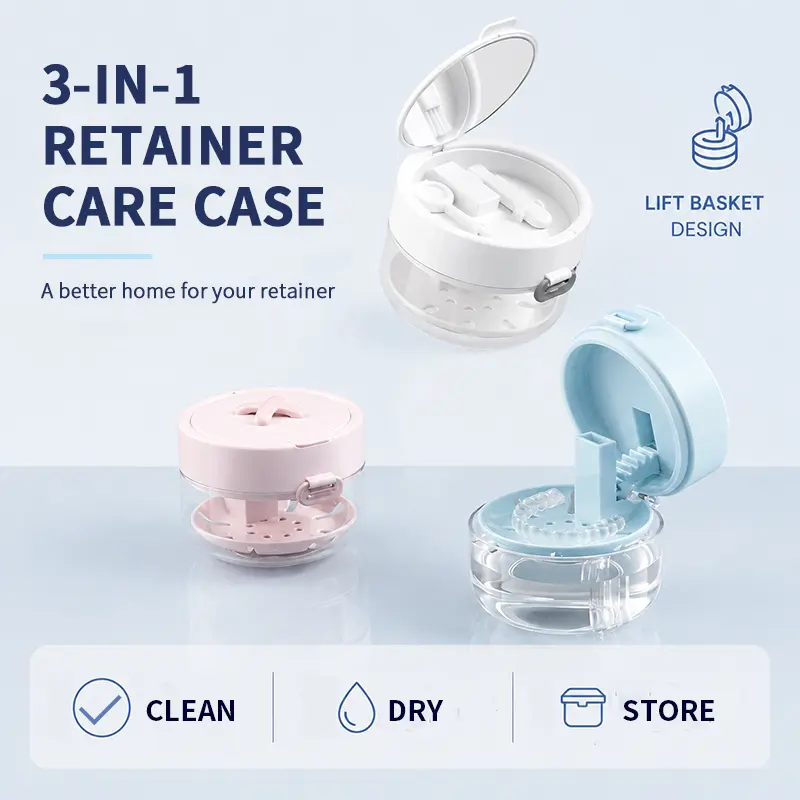 Upgraded 3-in-1 Leak Proof Denture Bath Box, Large Capacity Invisalign Retainer Soak Cup with Built-in Mirror, Cleaning Brush, Long Nail Friendly Removal Tool & Strainer Basket, Portable Clear Aligner Storage Holder Compatible with Clear Care Cleaning Tab