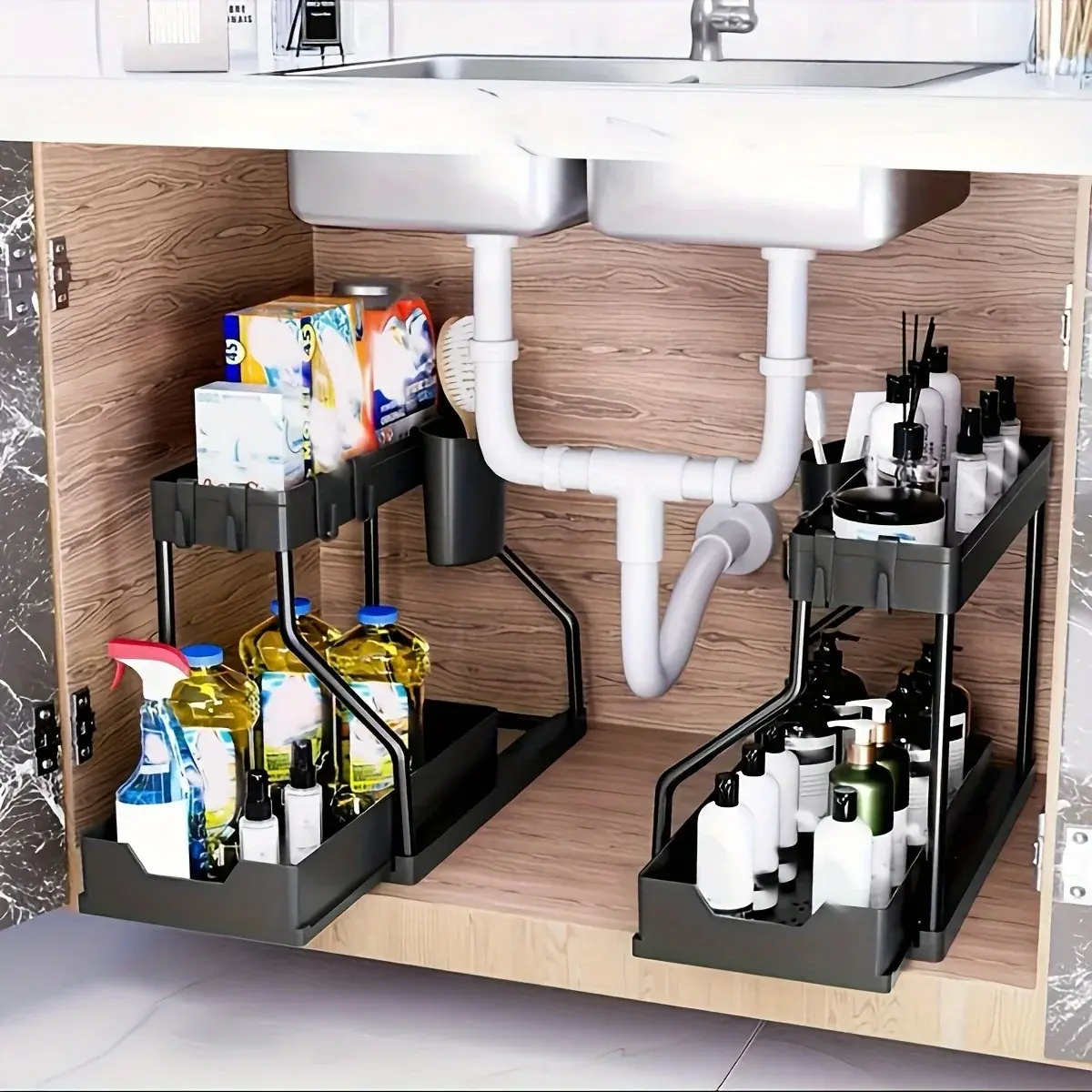 SICANDAENHK 2-Tier Pull-Out Under Sink Organizer (37.5x22x32cm) - Durable, Large-Capacity Storage Box for Kitchen/Bathroom Home Organization Needs