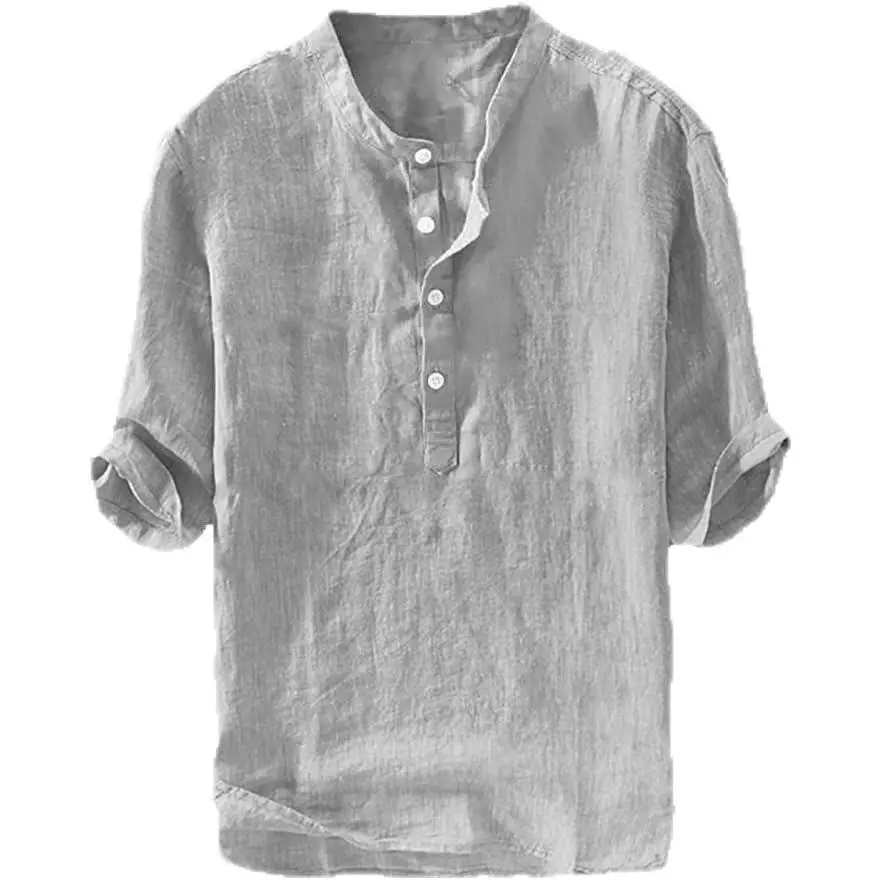 Mens Linen Shirts Casual Cotton 3/4 Sleeve Henley T-Shirt |   Regular-Fit,Collarless,Hippie,Cotton Hemp Tunic Shirt Tops,Banded Collar Lightweight Beach Yoga Pullover Shirts