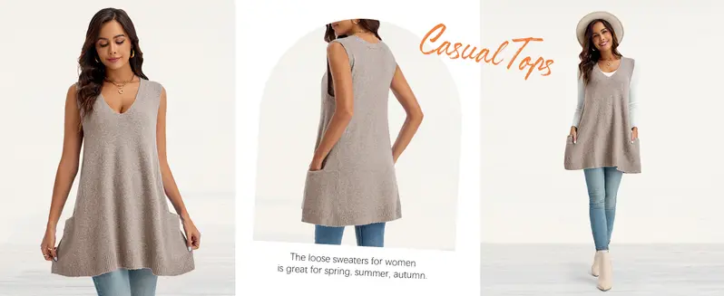 Imily Bela Womens Sleeveless Sweater Vest V Neck Casual Loose Knit A Line Flattering Tunic Top with Pockets Fashion Vest Sleeveless Sleeveless Minimalist Style
