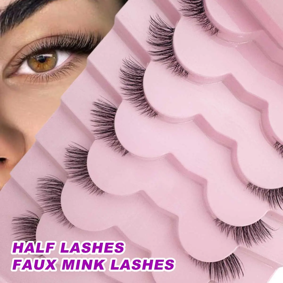Natural 7 Pairs Half Eye Lash Mermaid Tail Cat-Eye Faux-Mink Lashes, Black-Band 3D Wispy Shorties, Soft Natural Volume For Desk-To-Date, Brunch, Zoom Calls, Passport-Photo Ready, Wedding Guests, Travel & Festival Looks