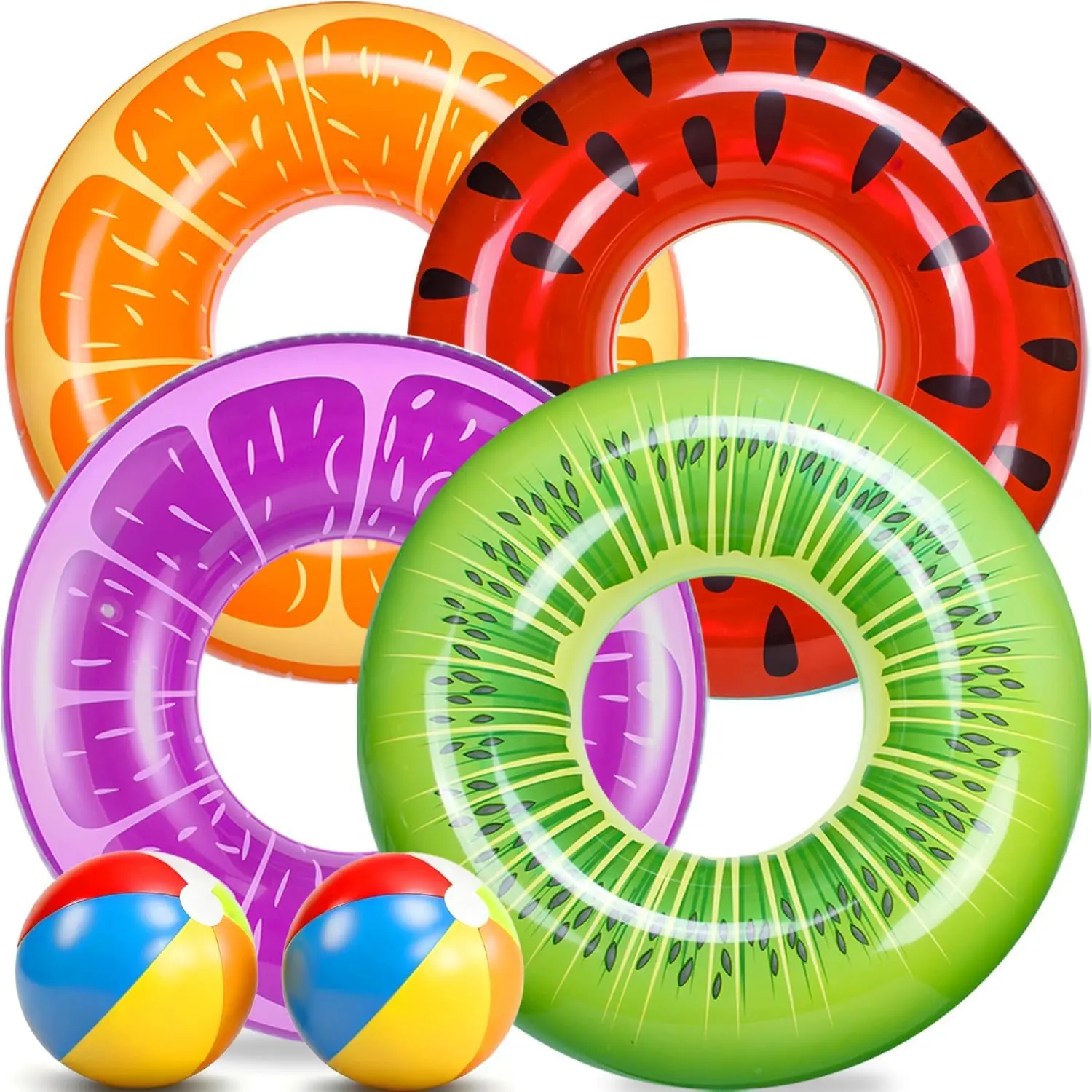 6 Pack Pool Floats for Kids - Inflatable Swim Tubes Rings & Beach Balls - Big Floaties for Toddlers and Adults - Summer Swimming Toys
