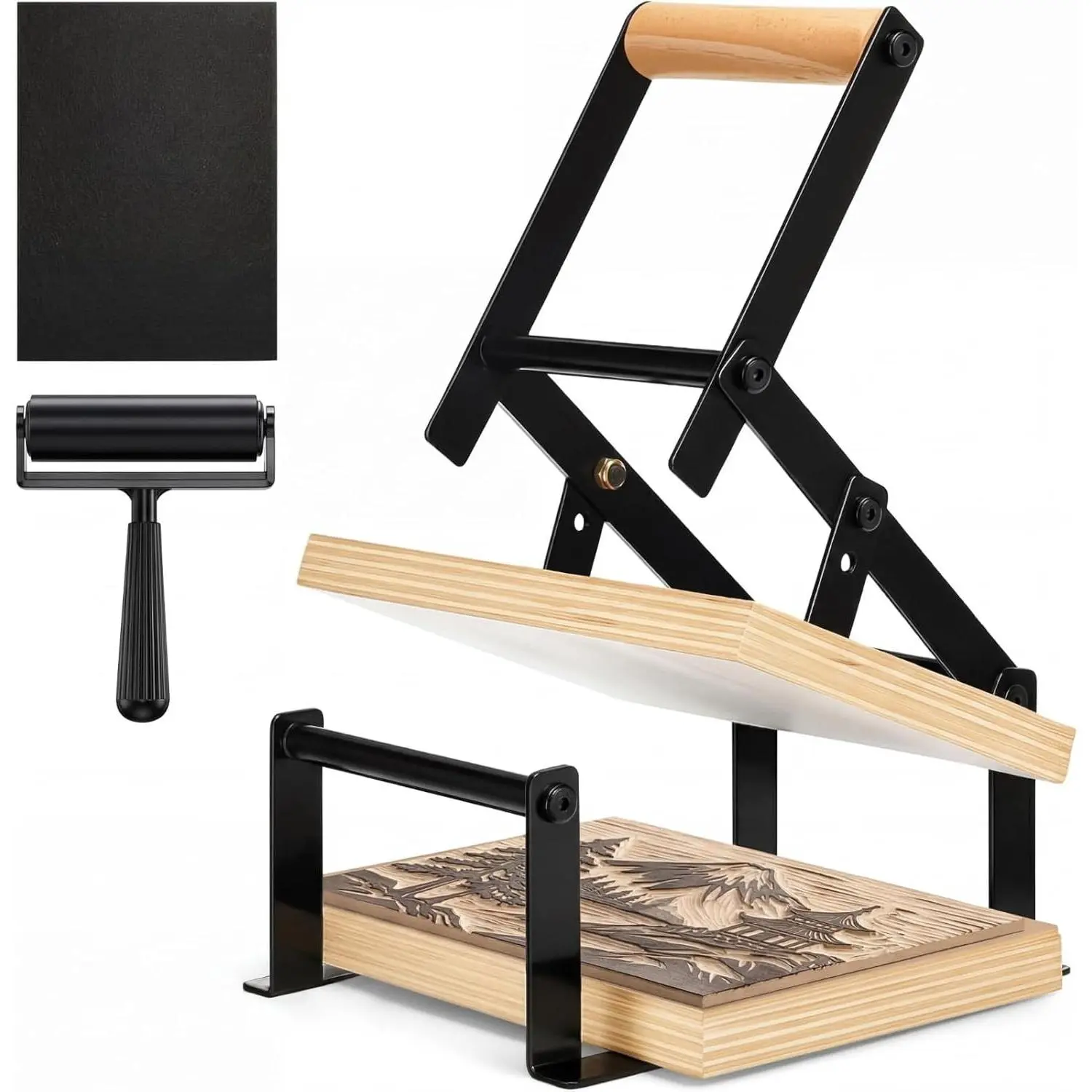 Printing Linocut Hand Lever Press Machine with Rollers and Felt Pads for Lino Cuts, Cutting Printing, Linoleum Blocks Printmaking Tools Kit Print Maker Woodblock, Black(A5)