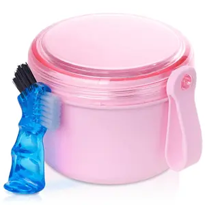 2pcs/set Dental Case with Cleaner Brush, Leak Proof Denture Bath Cup, Travel Dental Container, Dental Cleaning Kit Holder Box