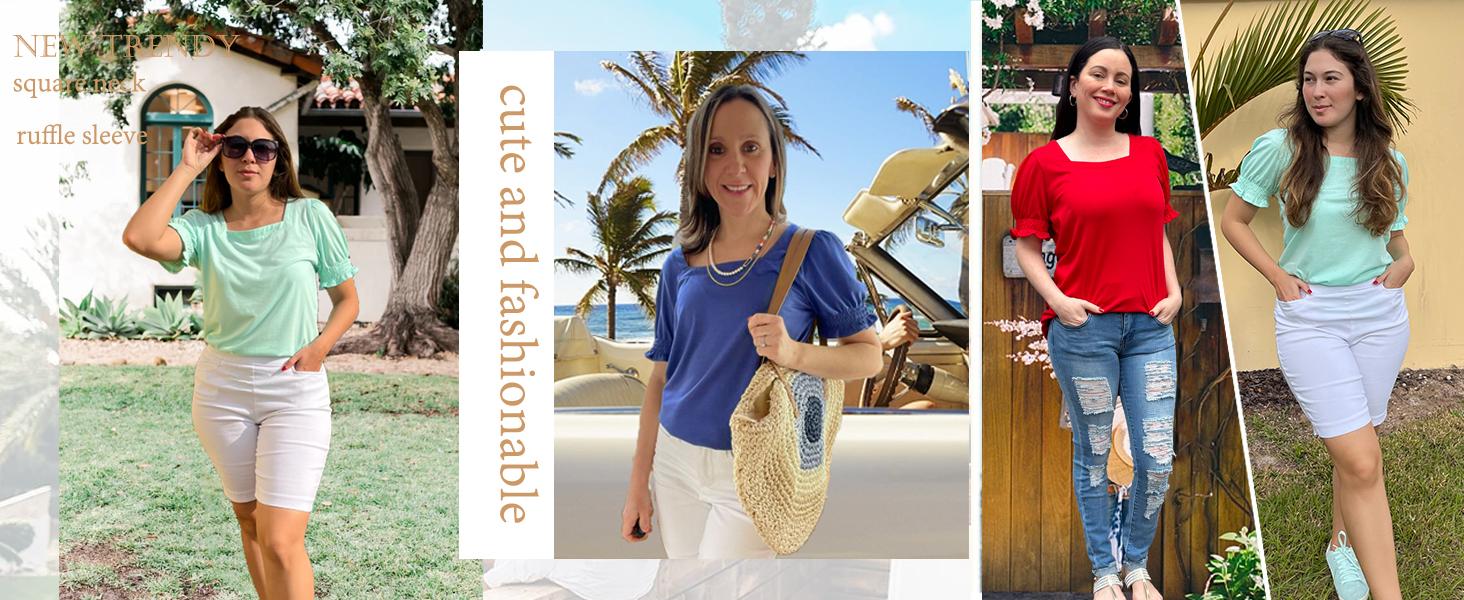 WIHOLL Tops for Women Summer Casual Ruffle Trim Sleeve Square Neck T Shirts WIHOLL Tops for Women Summer Casual Ruffle Trim Sleeve Square Neck T Shirts