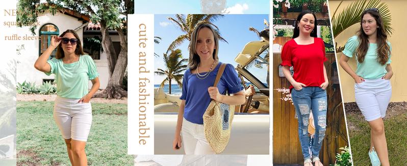 WIHOLL Tops for Women Summer Casual Ruffle Trim Sleeve Square Neck T Shirts