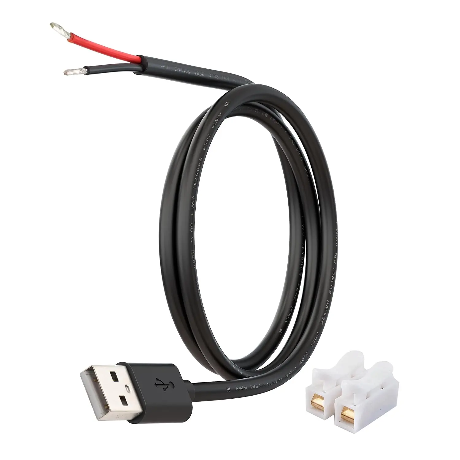 USB Power Pigtail  to Bare Wire 20AWG 5V 5A 3.3FT USB-A Male 1 Pack | USB-A male plug with copper quick wire connectors for DIY power wiring,LED strips,Arduino, low- electronics projects