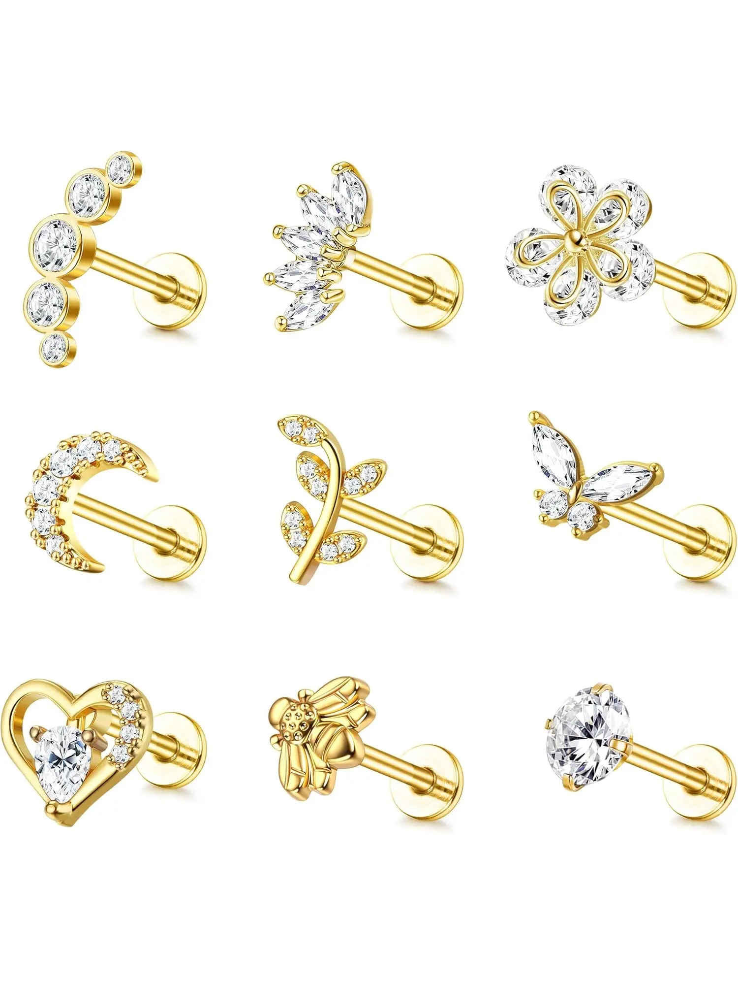 9Pcs Women 16G Internally Threaded Labret Cartilage Stud Earring Set, CZ Butterfly Moon Gold Silver Piercing Jewelry For Tragus Helix Conch