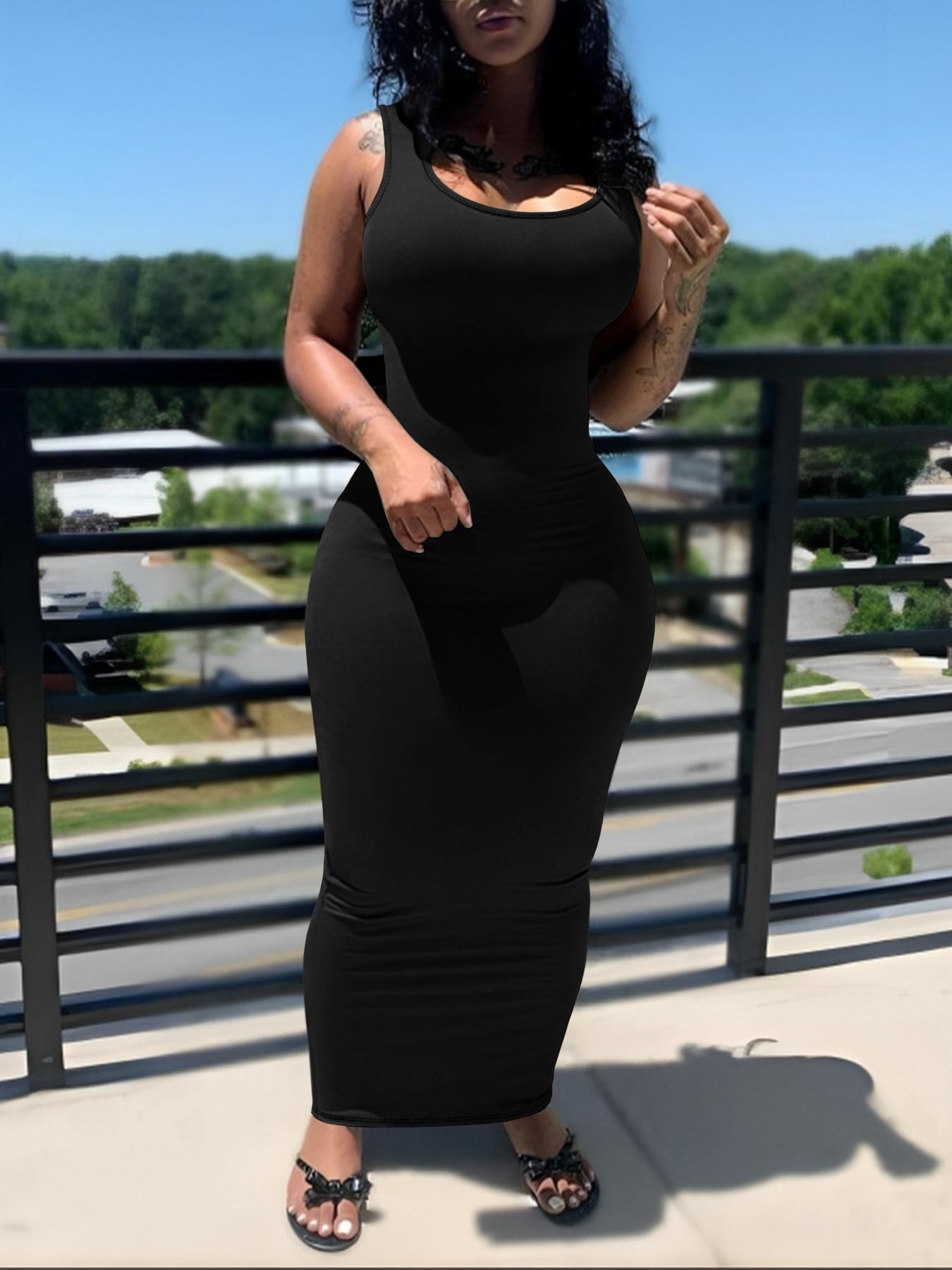 Women's All Over Print U Neck Bodycon Dress, Casual Sleeveless Long Dress for Summer, Ladies Clothes for Daily Wear