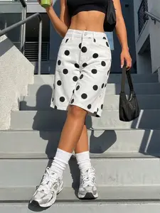 High Elastic Mid-Waist Base Dot Five-Piece Jeans Capri Pants, Straight Leg Loose Fit, Women's Retro Casual Shorts