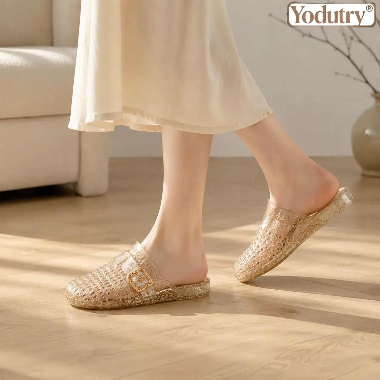 Women's Glitter Infusion Jelly Shoe - Closed Toe Woven Mules with Gold Buckle, Lightweight Waterproof Slip-on for Indoor/Outdoor Use, Footwear