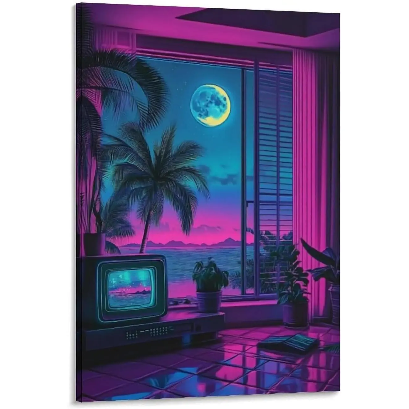 Room Night Scene Vaporwave Neon Poster Canvas Wall Art Prints Posters for Room Aesthetic Bedroom Living Room Pictures Paintings Wall Decor for Mens Framed Unframed