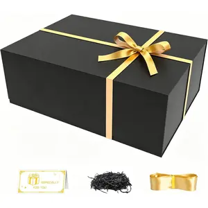 Black  Box, Boxes with   Closure,Rectangle Presents Collapsible Box for Christmas,Birthday,Halloween,Wedding,Valentines  Packging,Included  Card,Ribbon and Filler (Black-9.92*6.77*4.13'')