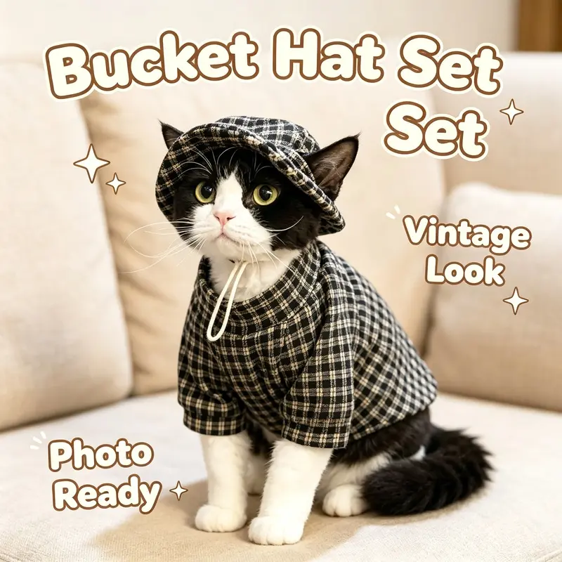 Retro Style Cat Outfit Set, Pet Two‑Leg Shirt with Bucket Hat, Stretchy Warm Costume for Sphynx, Devon Rex and Small Cats