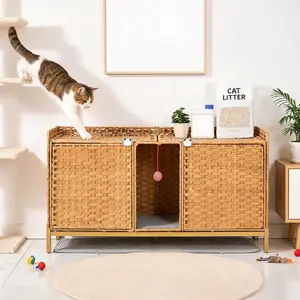 Rattan Cat Litter Box Enclosure Furniture with Mat & Hooks, Spacious Hidden Cat House Side Table for Home Bedroom