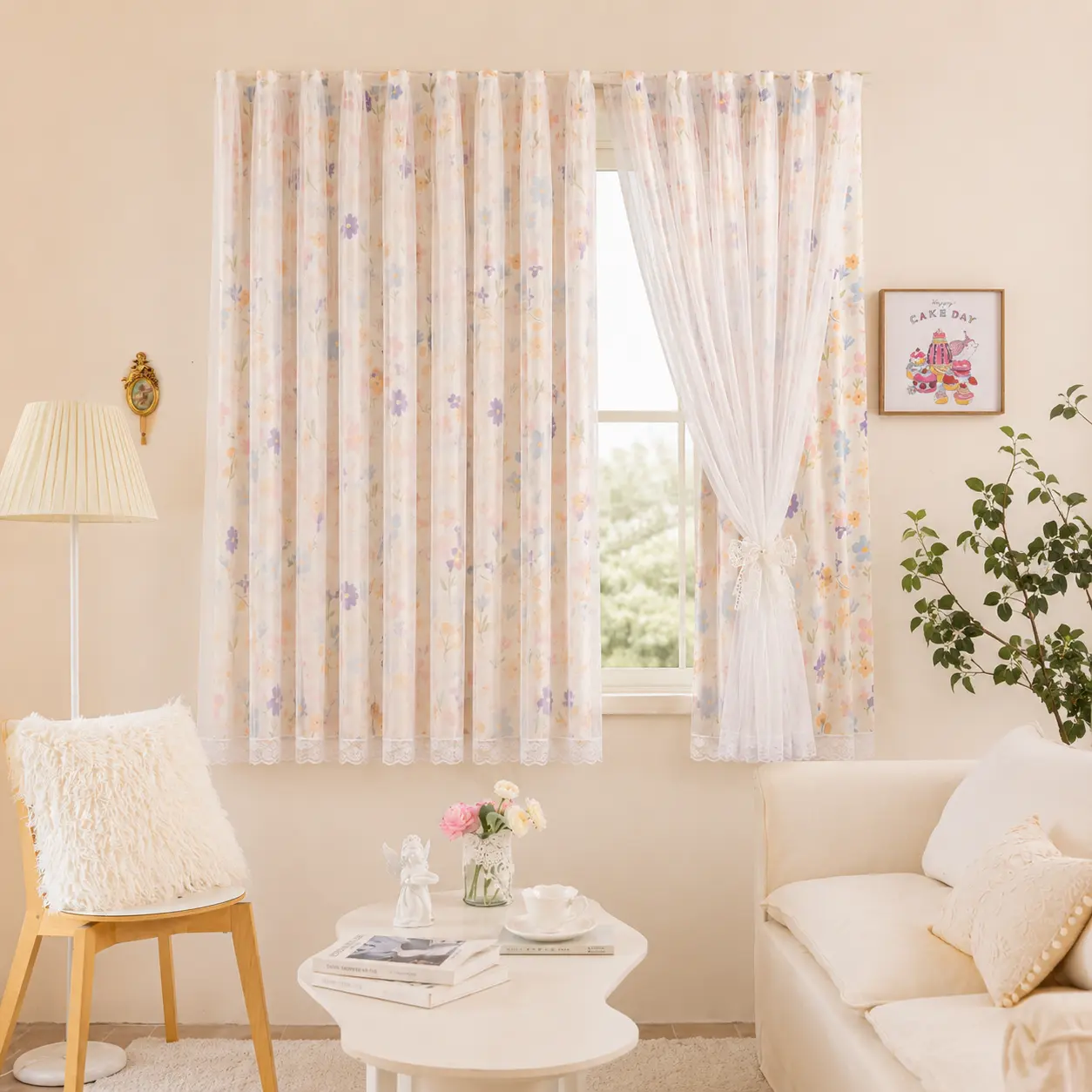 Cute Printed Sheer Curtain with Elegant Lace Edge, Soft Lightweight Window Curtain Panel for Aesthetic Bedroom Decor