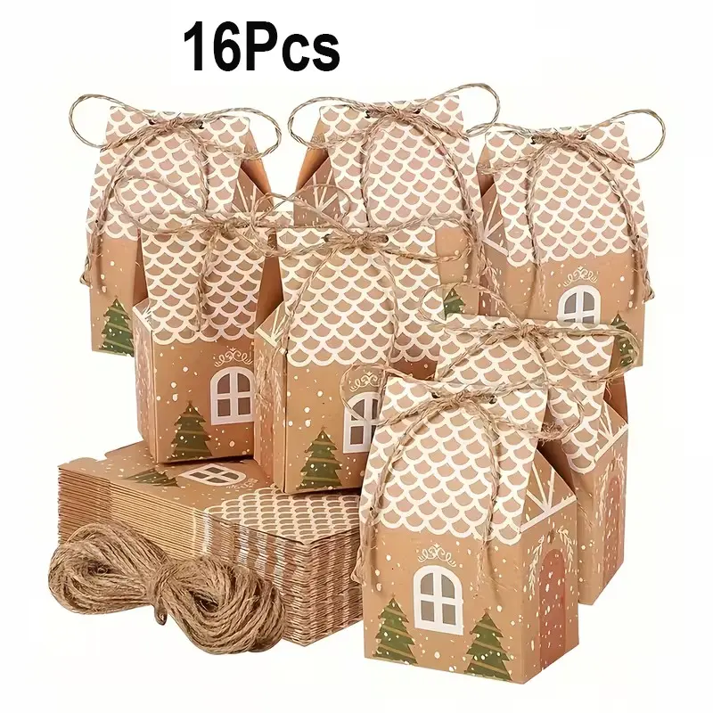 16pcsChristmas Tree,Mini Kraft Paper Gift Boxes with Twine Closure - Christmas Tree  Suitable for Wedding Favors, Party Decorations, Holiday Treat Boxes -  Candy & Biscuit, Halloween