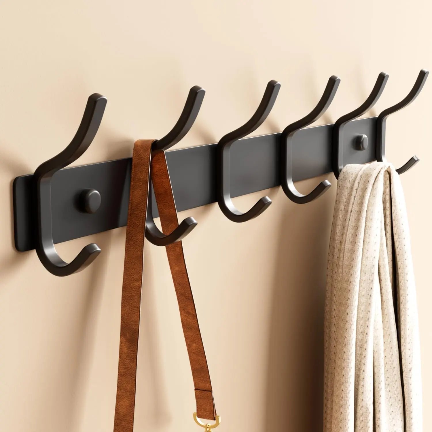 Black Metal Wall Mount Coat Rack - 15 in, 6-Hook, 1 Pack, with Mounting Design for Modern Home Decor