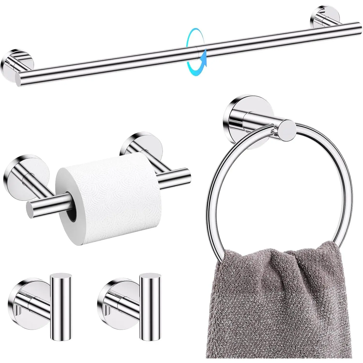 5 count Towel Racks for Bathroom, 23.6" Bathroom Hardware Set Chrome | Bathroom Hardware Set, SUS304 Stainless Steel, Double  Pivoting, Towel Hooks, Toilet Paper Holder Set Wall Mounted
