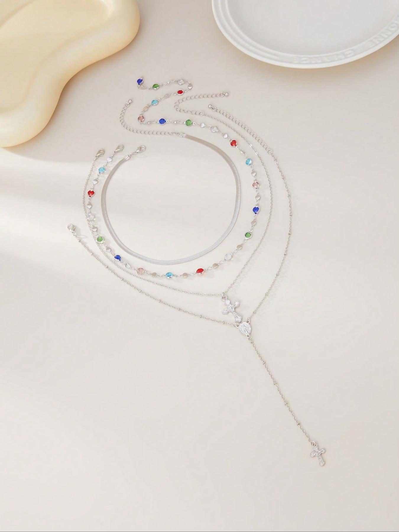 4 Piece Vintage Metal Jesus Cross Y-Style Long Necklace Set, Stunning Bohemian Colorful Crystal Pendant for Women, Perfect for Everyday and Vacation Wear, Layered Necklaces