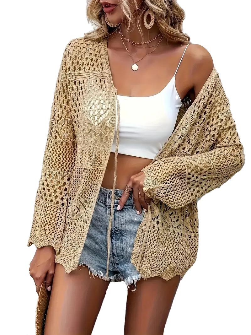 Women's Solid Color Hollow Out Tie Front Crochet Cardigan, Casual Long Sleeve Knitwear for Summer, Fashion Women's Knit Clothing for Daily Wear, Knitting, Summer Cardigan Women, Beach Cover Up, Lightweight Knit Top, Boho Crochet Sweater, Vacation Outfit