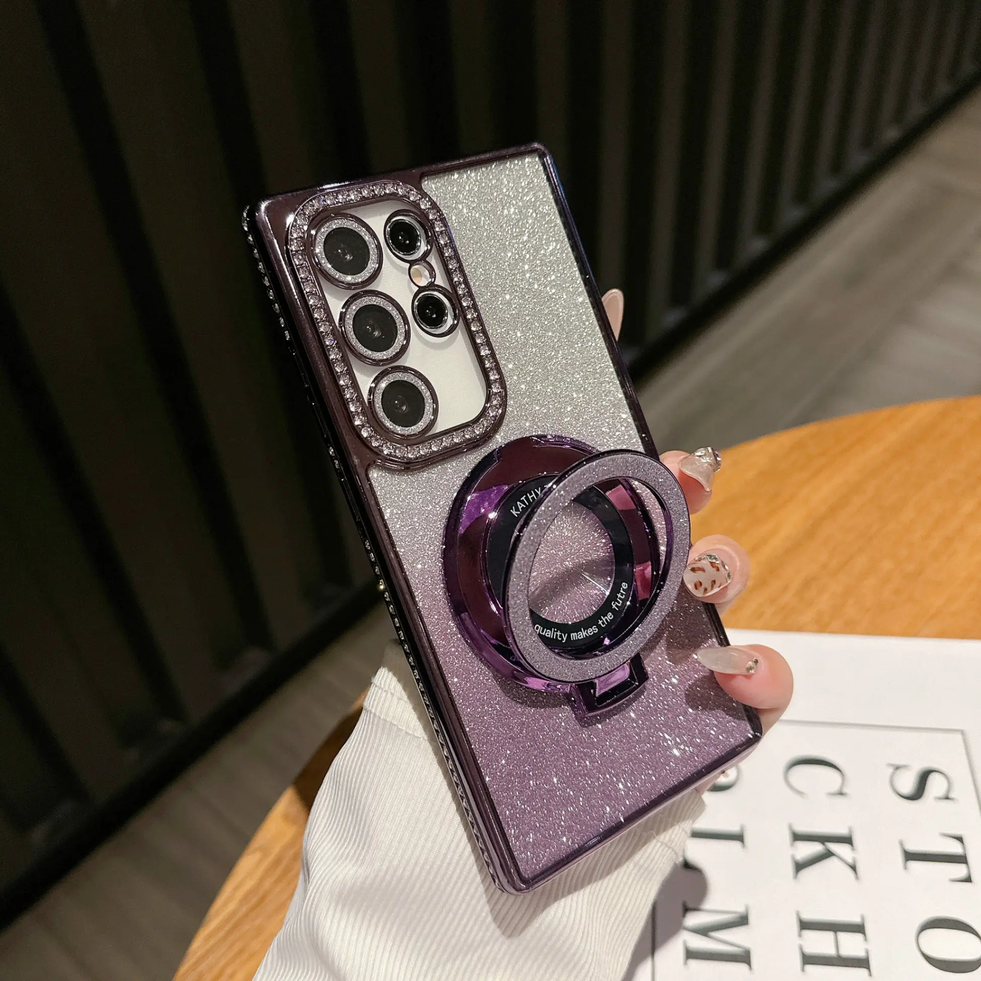 Diamond Lens Glitter Magnetic Stand Phone Case for Samsung S26 Ultra S25 S24 S23 Ultra, Gradient Glitter Luxury Anti-Drop TPU Shockproof Soft Case, Wireless Charging Compatible