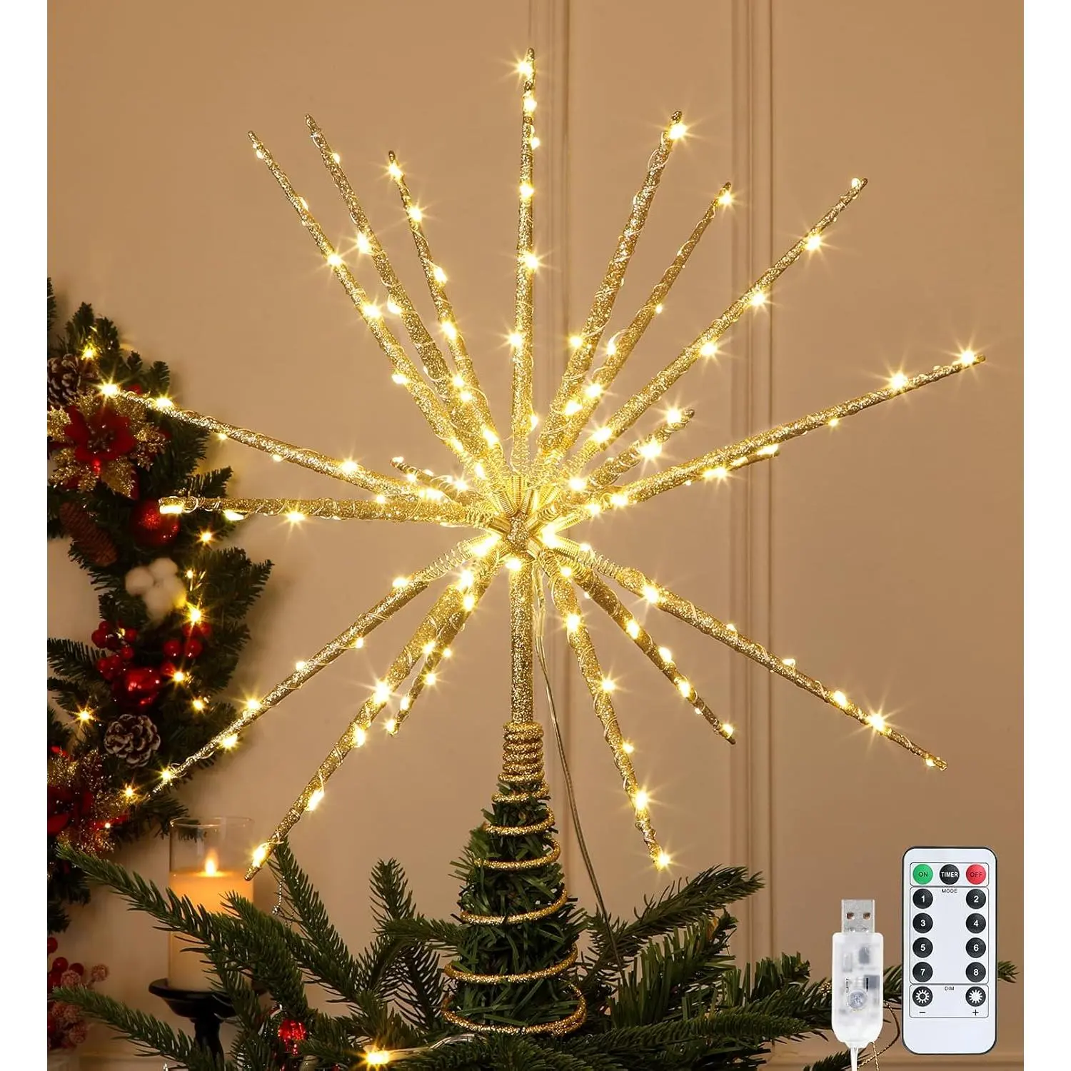 15 Inch Christmas Tree  Topper with 150 LED Timer Lights & Remote, 19-Point USB  Lighted  Starburst  Tree Topper for Indoor Holiday Party Xmas Tree Decor