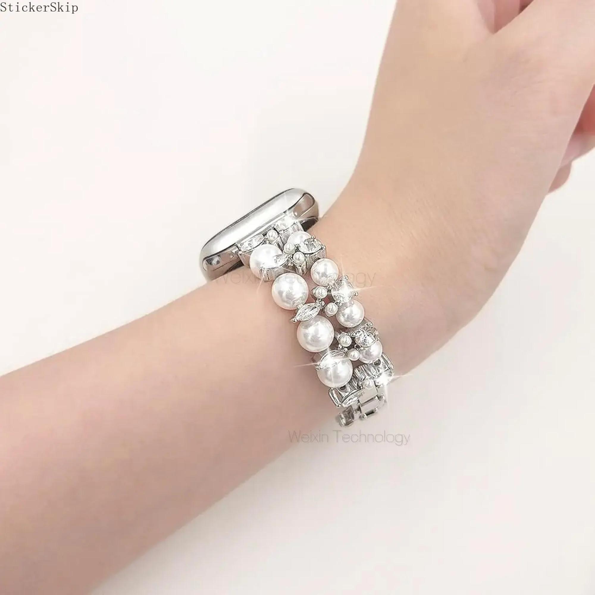 2026 NEW Elegant Pearl Beaded Apple Watch Band for Women – Elastic Stretch Bracelet Strap with Rhinestone Bling, Compatible with 38–49mm Series 4–11, SE & Ultra, Jewelry Wristband for Party, Wedding & Gift