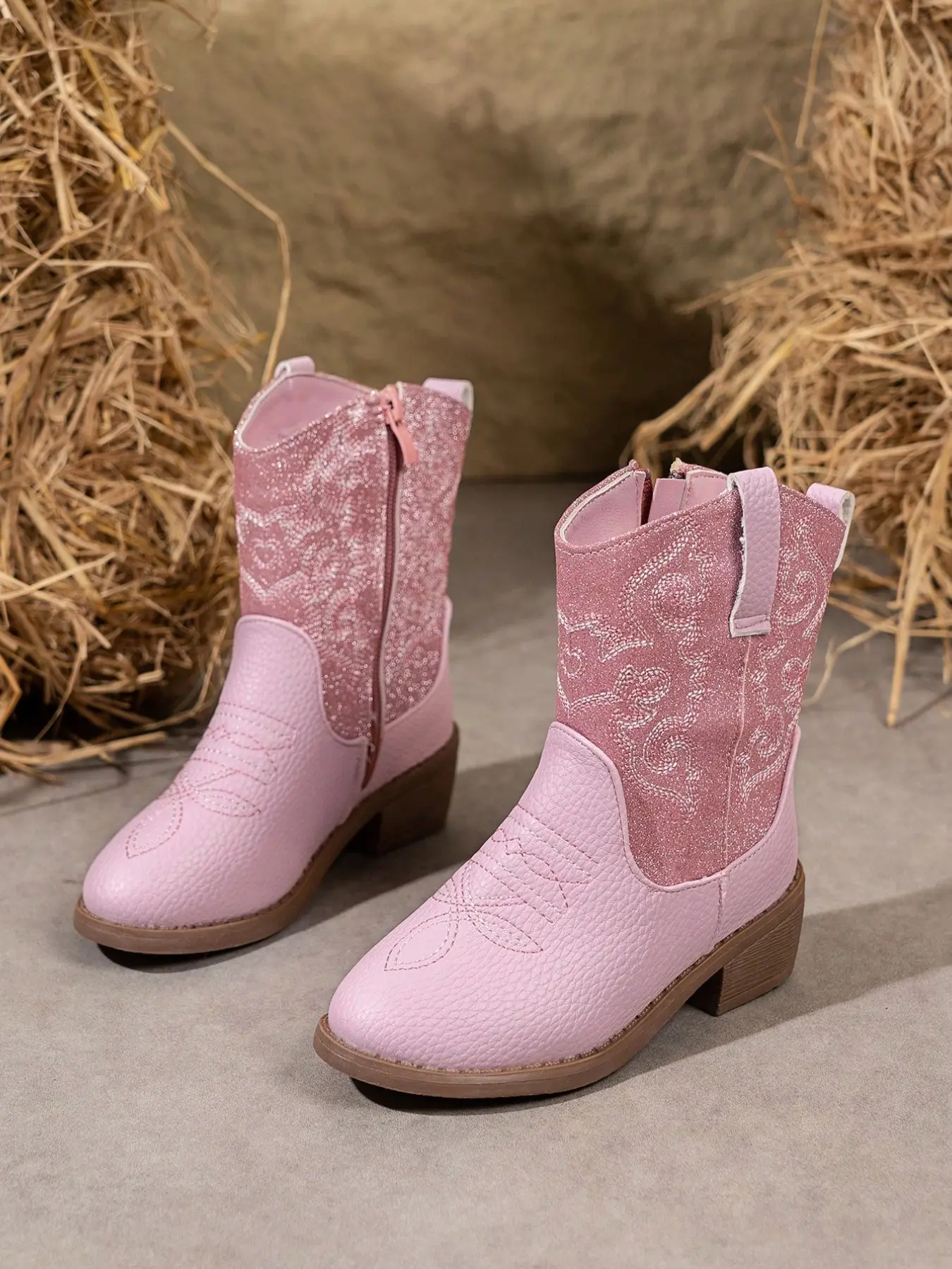 Glitter Western Cowboy PU Leather Cow Girl Boots, Retro Style, Chunky Heel, Non-Slip Sole, Side Zipper, Embroidered Pattern, Party Wear