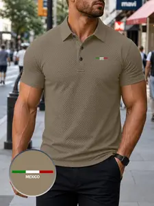 Men's Mexican Logo Print Polo Shirt, Elastic Casual Breathable Four Seasons Wear, Comfortable Durable High-End Polo Top