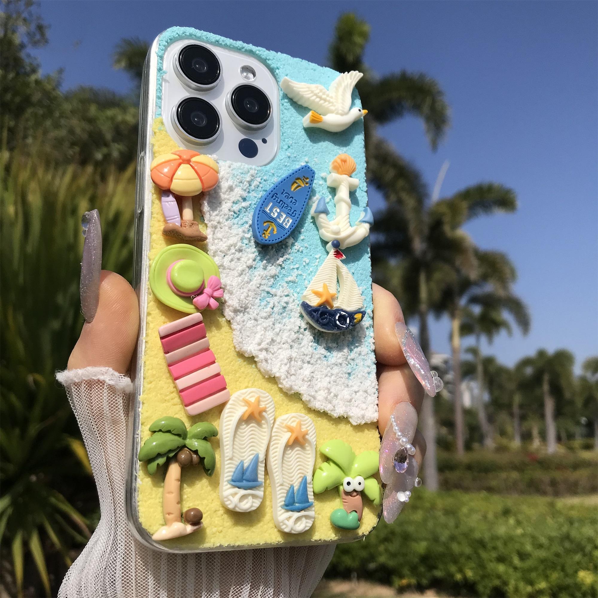 Handmade Beach Sailboat Sun Chair Coconut Tree Seagull Aesthetic Protective Smartphone Case for iPhone 17 16 15 14 13 12 11 Pro Max, Soft Tpu Anti-Slip Back Cover