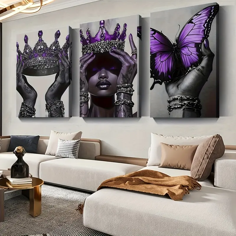 3P Purple Crown Black Queen Butterfly Framed Canvas Wrap poster, Luxury Modern Living Room Wall Decor, Glam Purple Butterfly Portrait Canvas Art For Bedroom Salon Lounge Wall Decor
