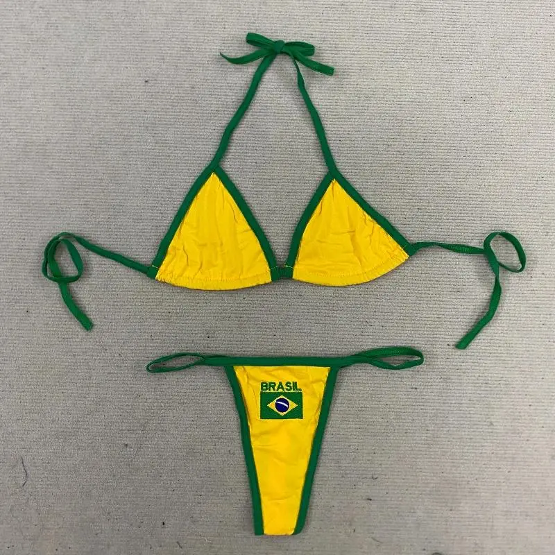 Women's Brasil Flag Print Bikini Set, Halter Triangle Top + Tanga Bottom, Brazilian Flag Two-Piece Swimwear, Y2K Beachwear