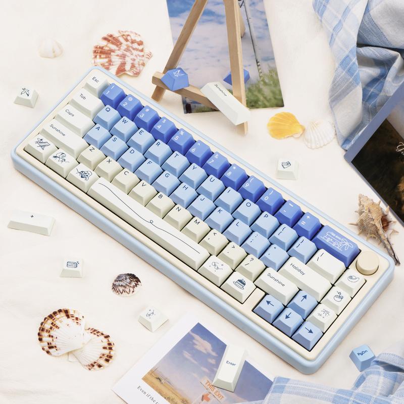 Blue White PBT Keycaps, MOA Profile, Custom Keyboard Keycap, Minimalist Style Dye Sub Keycaps, 130 Keys Anime Keycap Set for Cherry Gateron MX Switches Gaming Keyboard