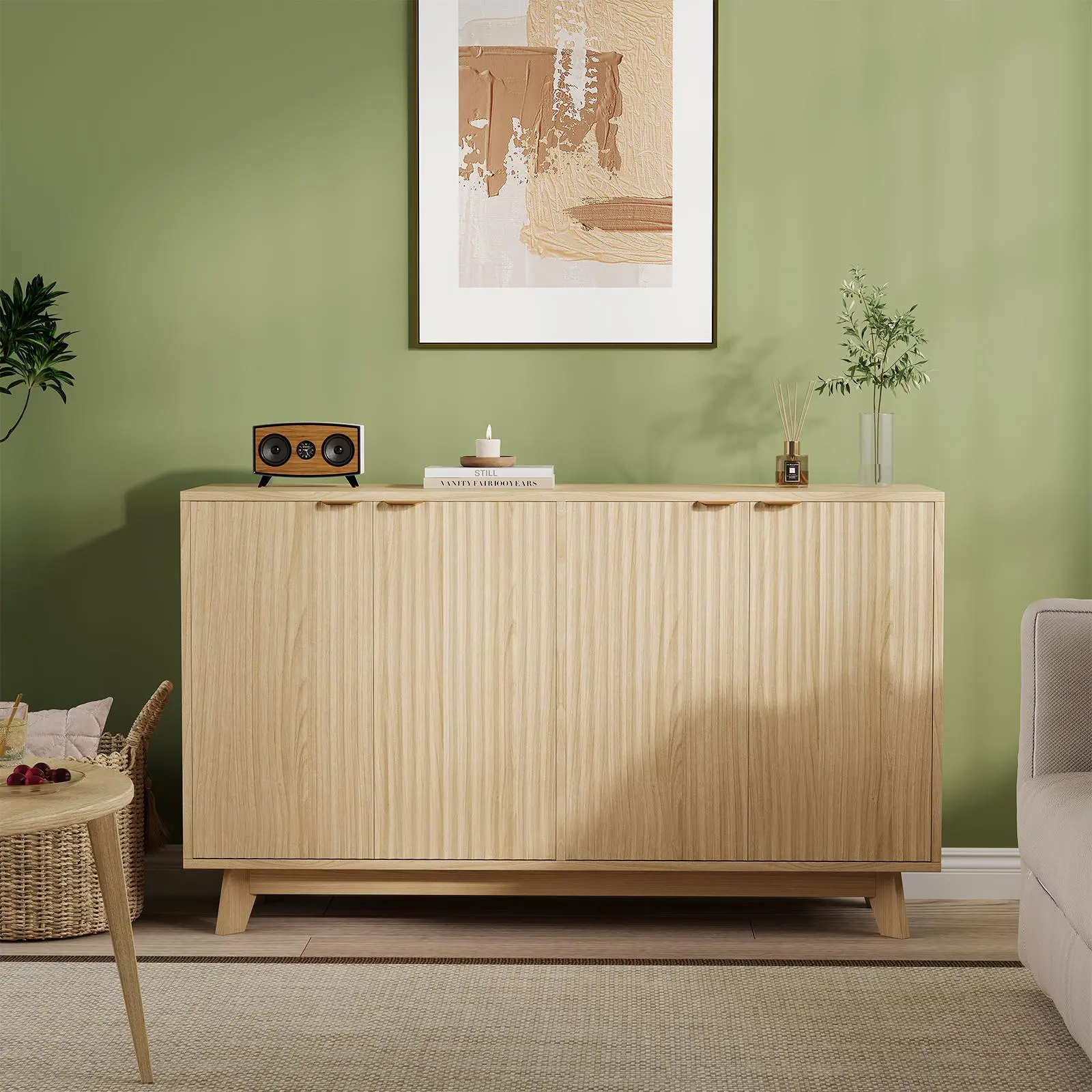 55.1 in Rectangular Single Unit Sideboard Buffet Cabinet with Storage, Modern Fluted Accent Credenza with Legged Base, Doors & Adjustable Shelves for Living Room, Dining Room