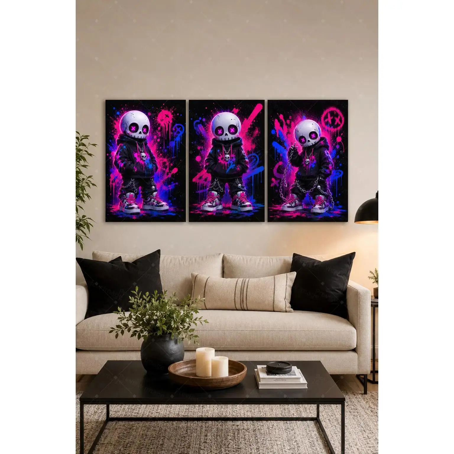 Neon Pink Blue Skeleton Triptych Canvas Poster Set, Graffiti Streetwear Wall Art, Urban Character Print for Teen Bedroom, Gaming Room, Living Room, Modern Aesthetic Home Decor Gift,wall decor,poster.