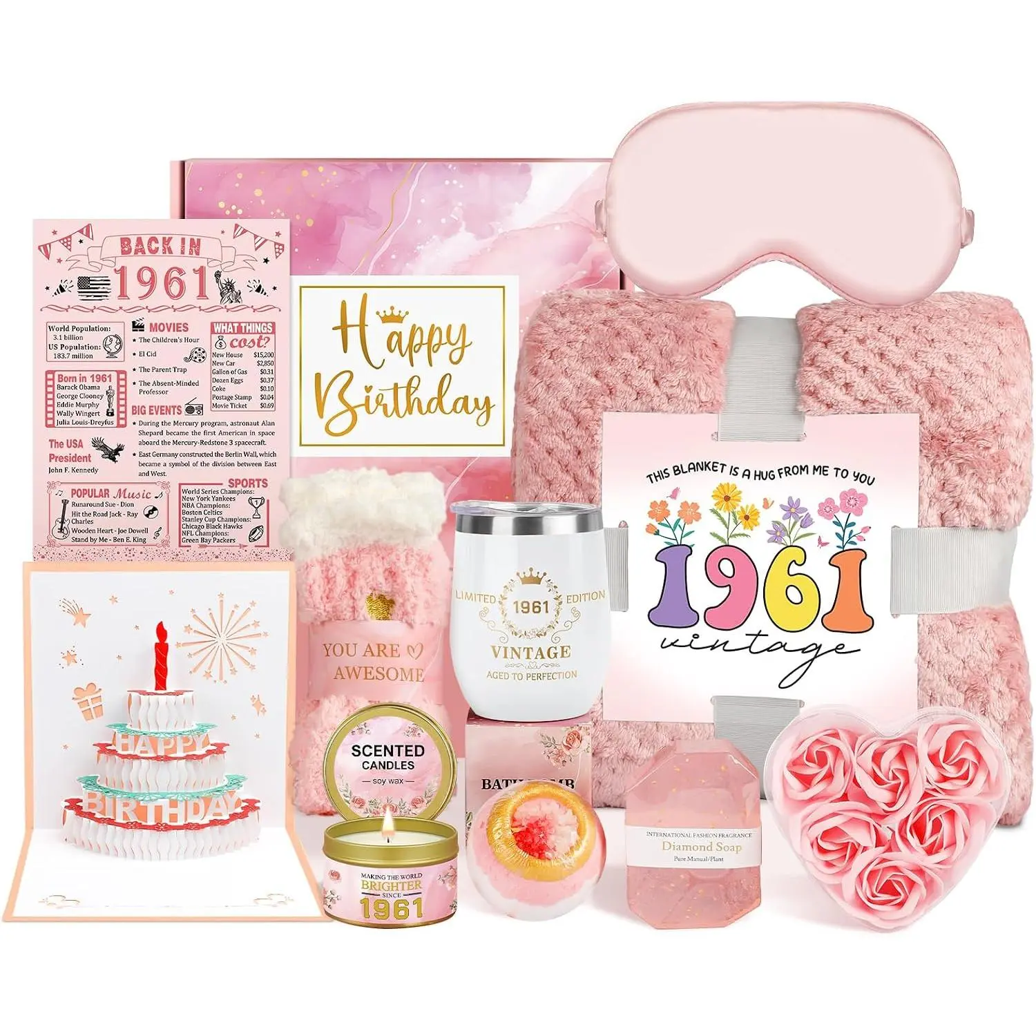 65th Birthday Gifts for Women, Care Package Get Well Soon Gifts for 65  Woman, 1961 Birthday Box Relaxing  Kit with Tumbler Blanket Poster for Her Mom Wife  Sister Coworker