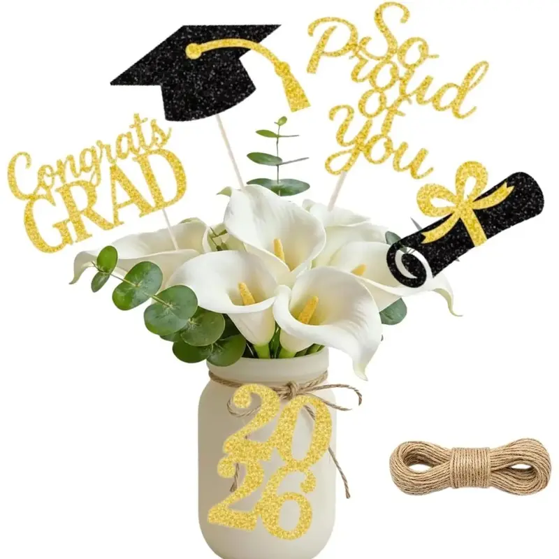 20-Pack Double Sided 2026 Graduation Party Centerpiece Sticks with 32.8ft Twine - Class of 2026 Graduation Decorations, DIY Table & Cake Topper Decor ()
