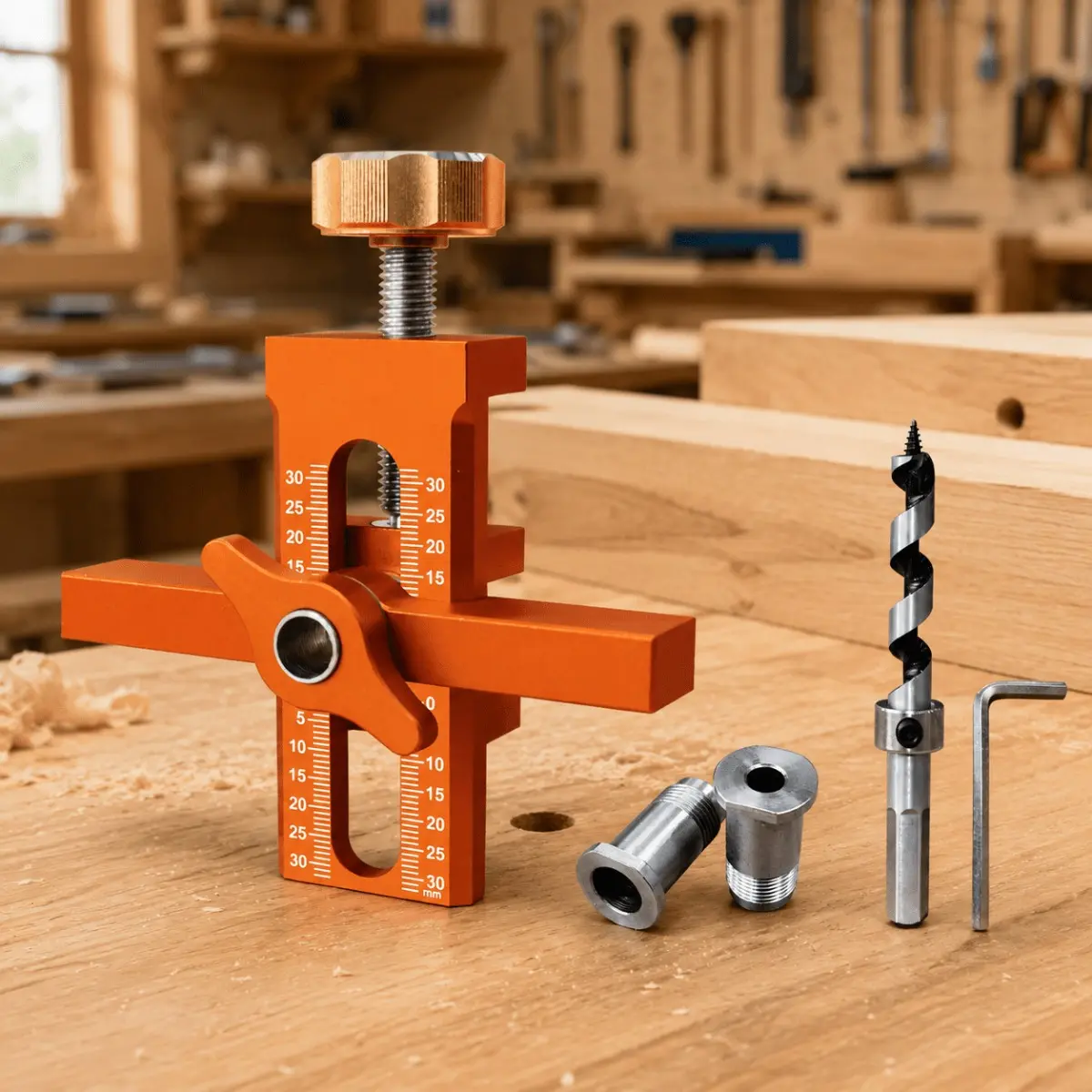 Orange Cabinet Door Positioning Jig with 10mm Auger Bit & 6/8/10mm Drill Bushings – Aluminum Alloy Rebound Clip & Door Lifter Installation Helper