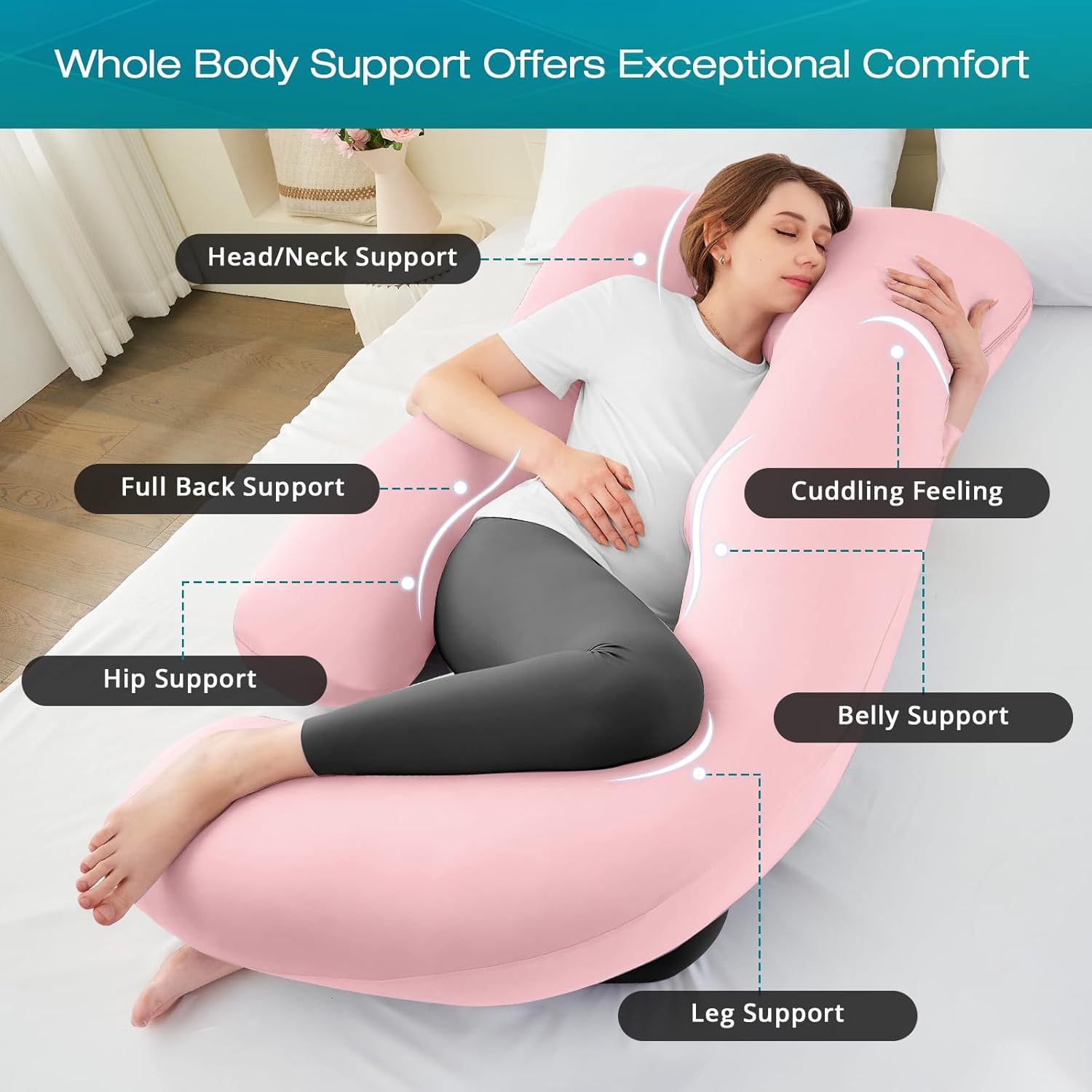 Pillows for Sleeping, U Shaped Cooling Full  Pillow   Haves, 57 Inch Maternity Pillow for , Pillow with Removable Cover for Side Sleeper, Light Pink