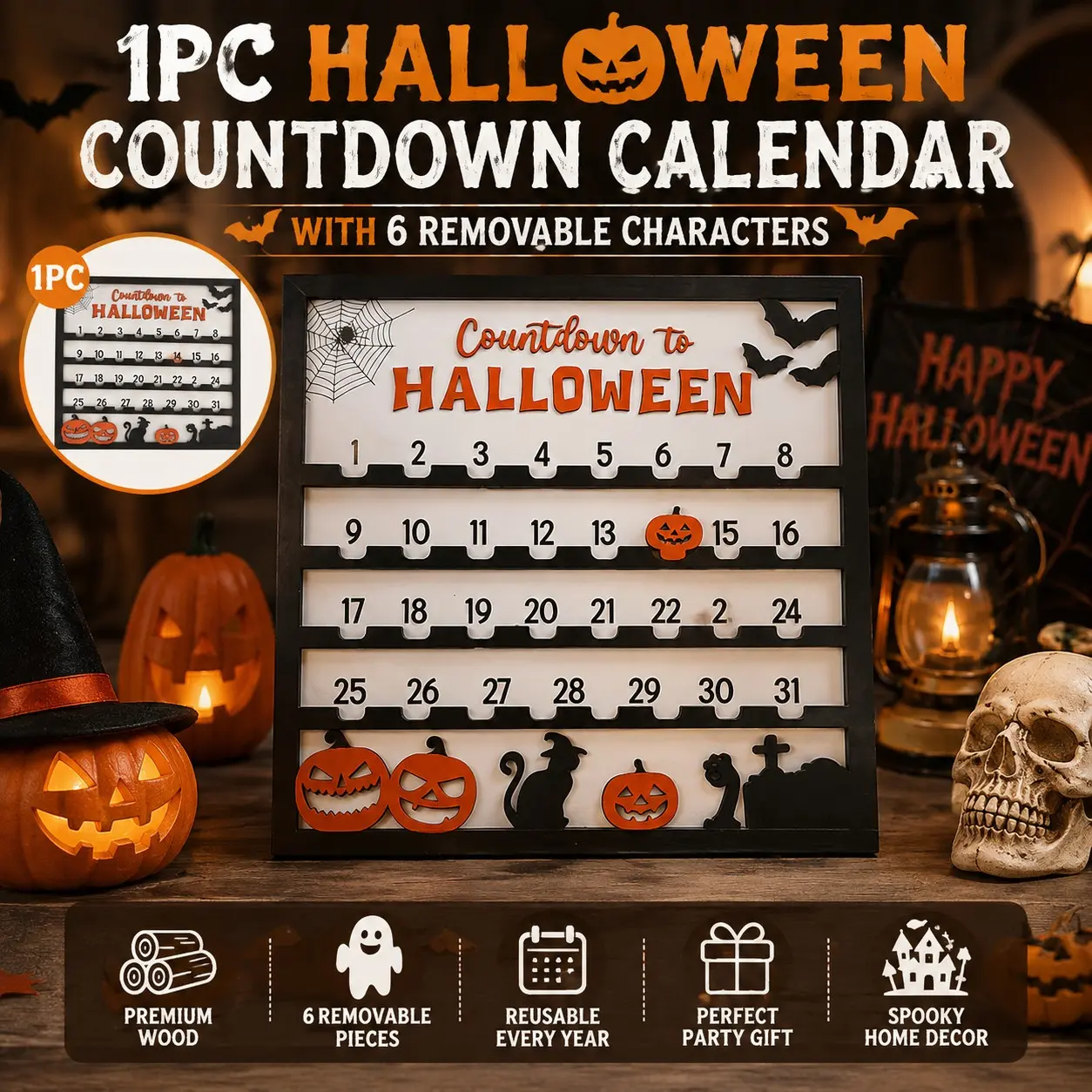 Halloween Countdown Calendar, 31-Day Moving Pumpkin Decor, Battery-Free, Versatile Home Office Coffee Bar Desk Ornament, Party Gift, Holiday Design