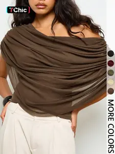 Women's Brown Off-Shoulder Draped Blouse - Sheer Asymmetrical Top for Office & Casual Outings | Trendy Quiet Luxury, Viral TikTok Top