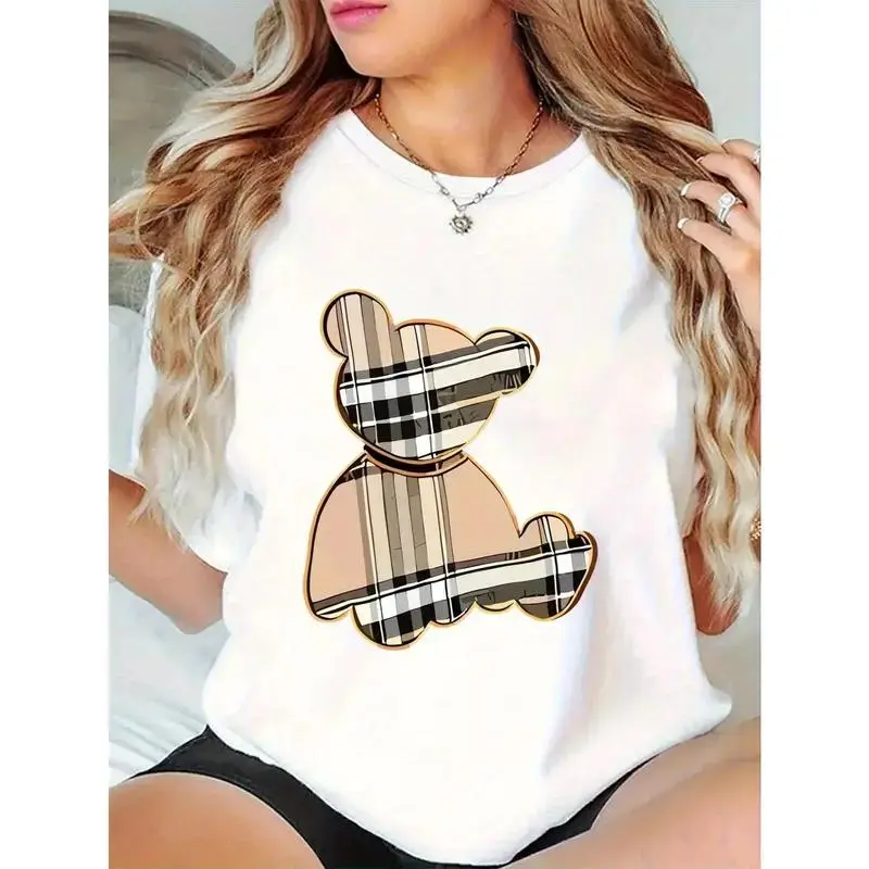 Women's Cartoon Bear & Plaid Graphic Cotton T-Shirt - Loose Fit Short Sleeve Round Neck, Breathable Summer Casual Top for Daily Wear & Parties, Machine Washable, Bear T Shirt, Relaxed Fit Tee, Comfort