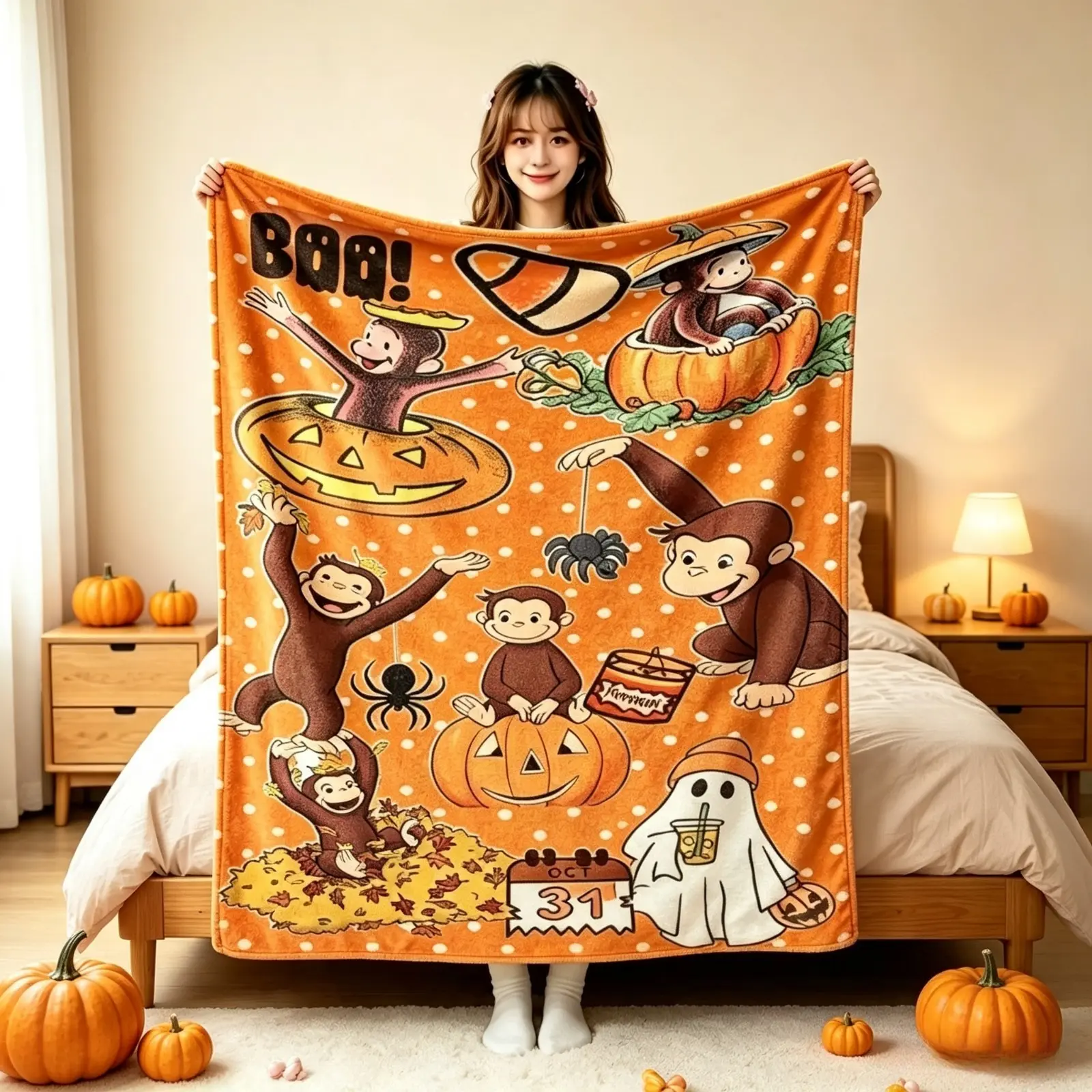 Halloween Monkey Cartoon Flannel Blanket, Fall Pumpkin Spider Ghost Print Fleece Throw Blanket, Cute Spooky Soft Cozy Warm Blanket for Kids Adults, AC Blanket for Sofa Bed Bedroom Home Decor, Halloween Holiday Gift