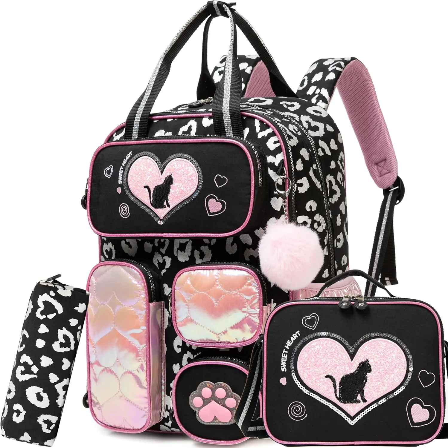 Kids' Chic Cute Leopard Print 4PCS School Set - Waterproof Nylon Backpacks for School, Pink Glitter Heart Lunch Bag, 2 Pencil Cases (Girls Fit), Nylon Material
