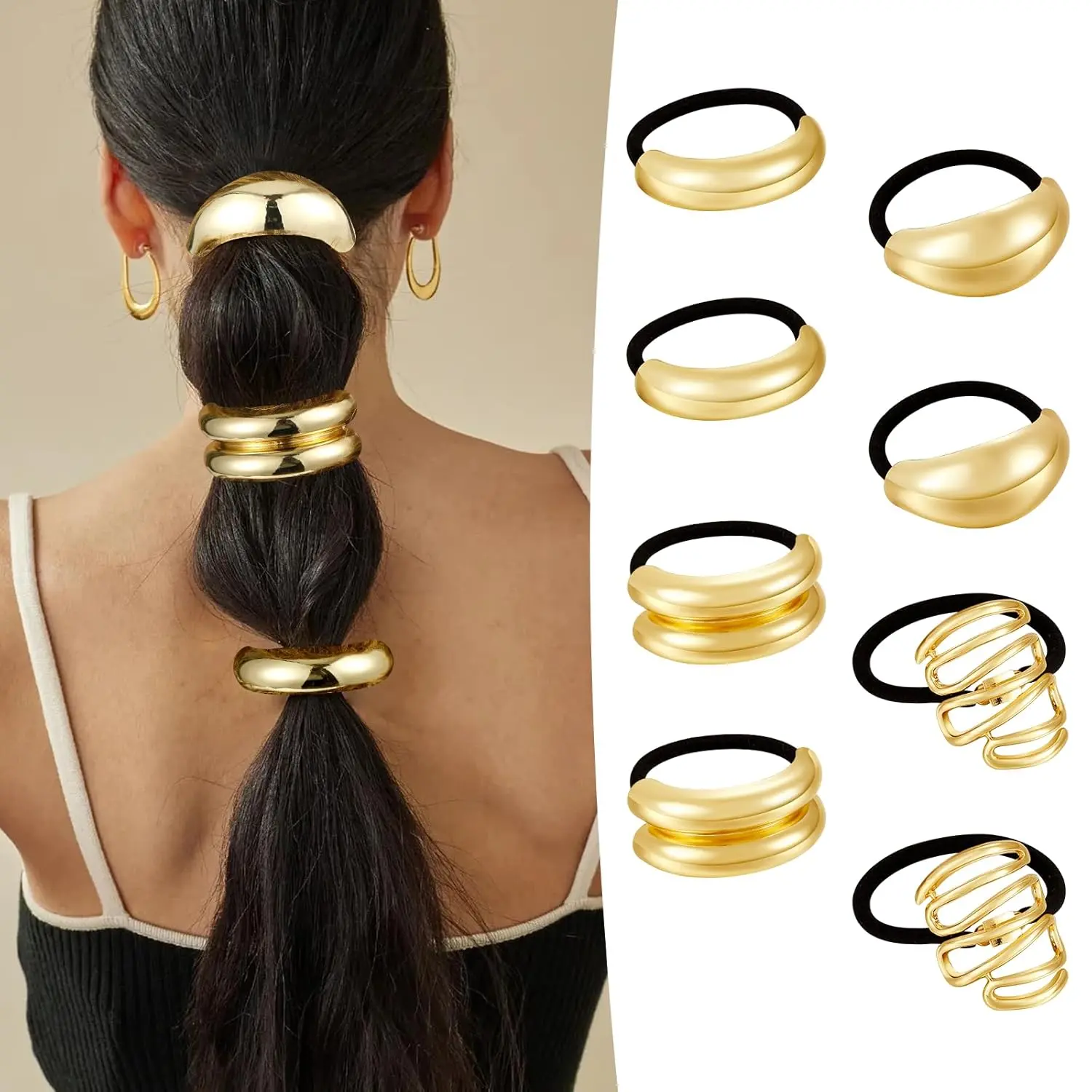 Women's 8-Piece Gold Elastic Metal Hair Ties - Elegant Geometric Ponytail Cuffs, Holders for Thick Hair Hold Needs