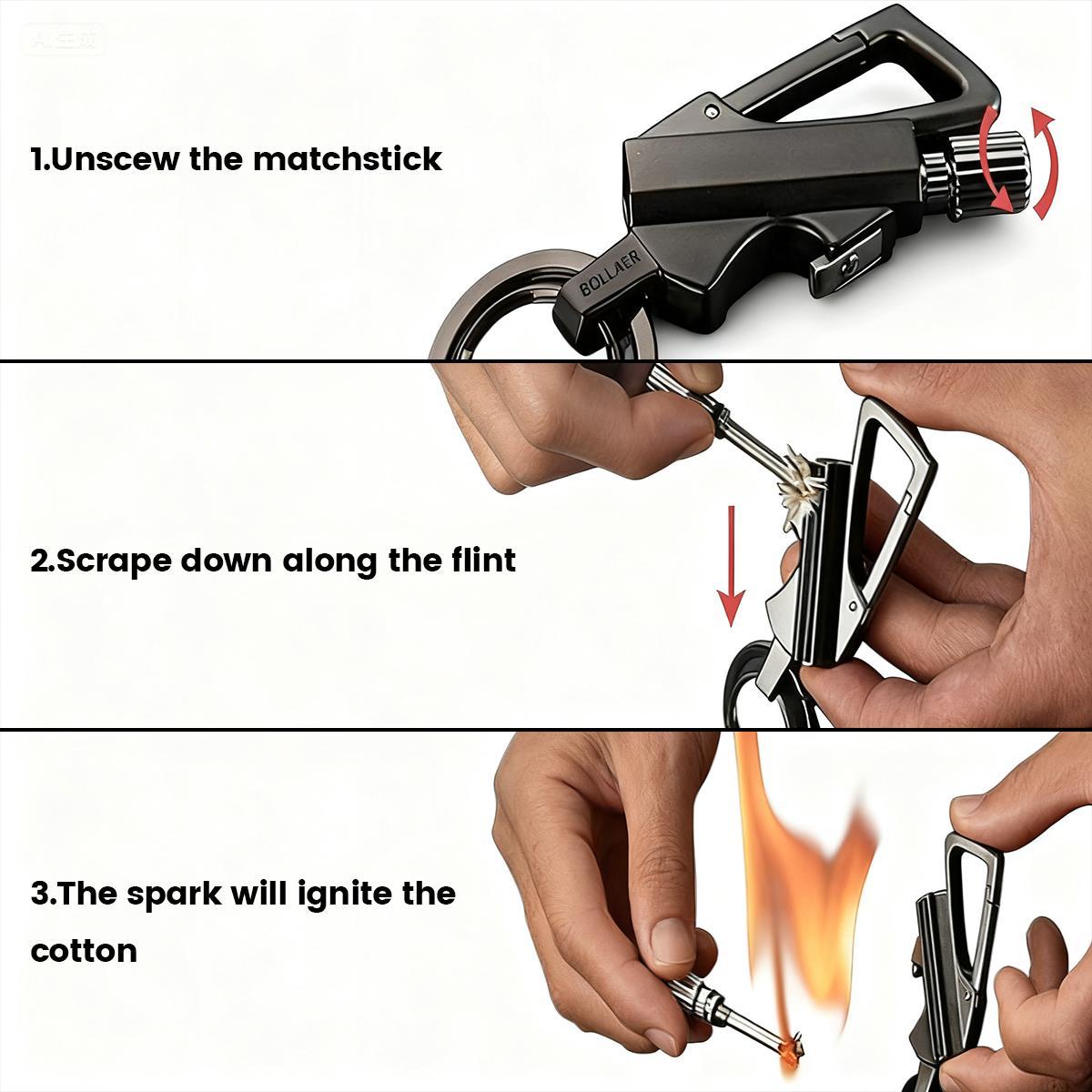 3-in-1 Multifunctional Keychain, Bottle Opener & Key Holder with Reusable Fire Starter, (Lighter Fluid Not Included) Hidden Permanent Match Key Ring, Mini Waterproof Lighter for Outdoor Survival Gifts for Men